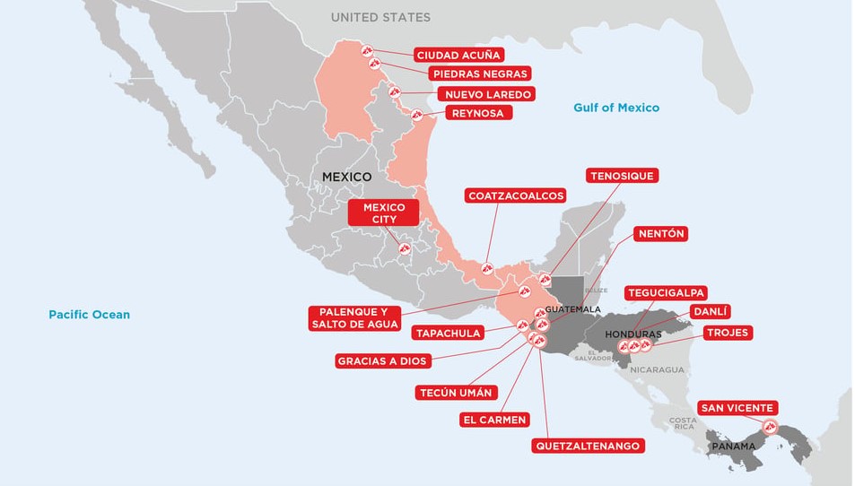 Die Karte zeigt die medizinischen Aktivitäten entlang der Migrationsroute in Mexiko und Zentralamerika auf.